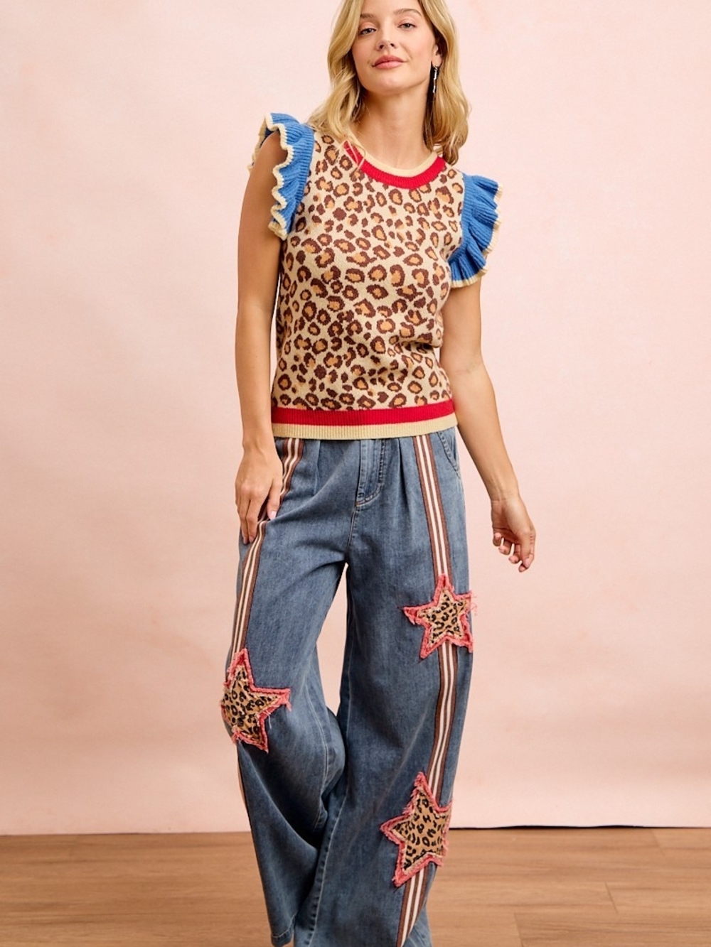 BiBi 4th Of July Leopard Ruffled Detail Knit Top- FAST SHIPPING!! - Picture 9 of 13